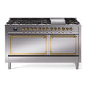 ILVE UN60FQNMPSSG Nostalgie II Noblesse 60 inch Dual Fuel Range   (9 Sealed Burners + Griddle, Natural Gas, Solid Door, Stainless Steel, Brass)