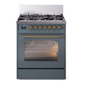 ILVE UP30NMPBGGLP Nostalgie II 30 inch Dual Fuel Range with 5 Burners with 4 cu. ft. Oven Capacity (Liquid Propane, Triple Glass Door, Blue Grey, Brass)