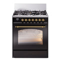 ILVE UP30NMPBKGLP Nostalgie II 30 inch Dual Fuel Range with 5 Burners with 4 cu. ft. Oven Capacity (Liquid Propane, Triple Glass Door, Glossy Black, Brass)