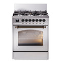 ILVE UP30NMPSSB Nostalgie II 30 inch Dual Fuel Range with 5 Burners with 4 cu. ft. Oven Capacity (Natural Gas, Triple Glass Door, Stainless Steel, Burnished)