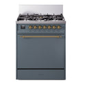 ILVE UP30QNMPBGG Nostalgie II 30 inch Dual Fuel Range with 5 Burners with 4 cu. ft. Oven Capacity (Natural Gas, Solid Door, Blue Grey, Brass)