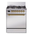 ILVE UP30QNMPSSG Nostalgie II 30 inch Dual Fuel Range with 5 Burners with 4 cu. ft. Oven Capacity (Natural Gas, Solid Door, Stainless Steel, Brass)