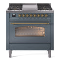 ILVE UP36FNMPBGGLP Nostalgie II 36 inch Dual Fuel Range with 6 Burners and Griddle (Liquid Propane, Triple Glass Door, Blue Grey, Brass)