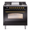 ILVE UP36FNMPBKG Nostalgie II 36 inch Dual Fuel Range with 6 Burners and Griddle (Natural Gas, Triple Glass Door, Glossy Black, Brass)