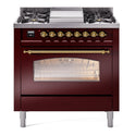 ILVE UP36FNMPBUGLP Nostalgie II 36 inch Dual Fuel Range with 6 Burners and Griddle (Liquid Propane, Triple Glass Door, Burgundy, Brass)