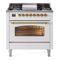 ILVE UP36FNMPWHGLP Nostalgie II 36 inch Dual Fuel Range with 6 Burners and Griddle (Liquid Propane, Triple Glass Door, White, Brass)