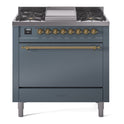 ILVE UP36FQNMPBGG Nostalgie II 36 inch Dual Fuel Range with 6 Burners and Griddle (Natural Gas, Solid Door, Blue Grey, Brass)