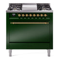 ILVE UP36FQNMPEGG Nostalgie II 36 inch Dual Fuel Range with 6 Burners and Griddle (Natural Gas, Solid Door, Emerald Green, Brass)