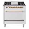 ILVE UP36FQNMPWHG Nostalgie II 36 inch Dual Fuel Range with 6 Burners and Griddle (Natural Gas, Solid Door, White, Brass)