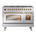 ILVE UP488NMPSSG Nostalgie II 48 inch Dual Fuel Range with 8 Black Brass Sealed Burners, Brass Trim (Limited Edition) (Natural Gas, Stainless Steel)