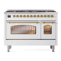 ILVE UP488NMPWHGLP Nostalgie II 48 inch Dual Fuel Range with 8 Black Brass Sealed Burners, Brass Trim (Limited Edition) (Liquid Propane, White)