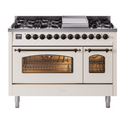 ILVE UP48FNMPAWB Nostalgie II 48 inch Dual Fuel Range with 5.02 cu. ft. Total Double Oven Capacity (8 Sealed Burners + Griddle, Natural Gas, Triple Glass Door, Antique White, Burnished)