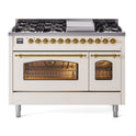 ILVE UP48FNMPAWGLP Nostalgie II 48 inch Dual Fuel Range with 5.02 cu. ft. Total Double Oven Capacity (8 Sealed Burners + Griddle, Liquid Propane, Triple Glass Door, Antique White, Brass)