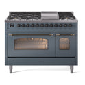 ILVE UP48FNMPBGB Nostalgie II 48 inch Dual Fuel Range with 5.02 cu. ft. Total Double Oven Capacity (8 Sealed Burners + Griddle, Natural Gas, Triple Glass Door, Blue Grey, Burnished)