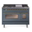 ILVE UP48FNMPBGG Nostalgie II 48 inch Dual Fuel Range with 5.02 cu. ft. Total Double Oven Capacity (8 Sealed Burners + Griddle, Natural Gas, Triple Glass Door, Blue Grey, Brass)