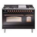 ILVE UP48FNMPBKP Nostalgie II 48 inch Dual Fuel Range with 5.02 cu. ft. Total Double Oven Capacity (8 Sealed Burners + Griddle, Natural Gas, Triple Glass Door, Glossy Black, Copper)