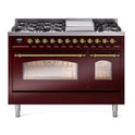 ILVE UP48FNMPBUG Nostalgie II 48 inch Dual Fuel Range with 5.02 cu. ft. Total Double Oven Capacity (8 Sealed Burners + Griddle, Natural Gas, Triple Glass Door, Burgundy, Brass)