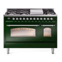 ILVE UP48FNMPEGC Nostalgie II 48 inch Dual Fuel Range with 5.02 cu. ft. Total Double Oven Capacity (8 Sealed Burners + Griddle, Natural Gas, Triple Glass Door, Emerald Green, Chrome)