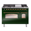ILVE UP48FNMPEGGLP Nostalgie II 48 inch Dual Fuel Range with 5.02 cu. ft. Total Double Oven Capacity (8 Sealed Burners + Griddle, Liquid Propane, Triple Glass Door, Emerald Green, Brass)