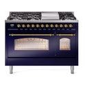 ILVE UP48FNMPMBG Nostalgie II 48 inch Dual Fuel Range with 5.02 cu. ft. Total Double Oven Capacity (8 Sealed Burners + Griddle, Natural Gas, Triple Glass Door, Midnight Blue, Brass)
