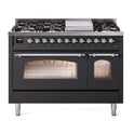 ILVE UP48FNMPMGC Nostalgie II 48 inch Dual Fuel Range with 5.02 cu. ft. Total Double Oven Capacity (8 Sealed Burners + Griddle, Natural Gas, Triple Glass Door, Graphite Matte, Chrome)