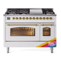 ILVE UP48FNMPRAG Nostalgie II 48 inch Dual Fuel Range with 5.02 cu. ft. Total Double Oven Capacity (8 Sealed Burners + Griddle, Natural Gas, Triple Glass Door, RAL, Brass)