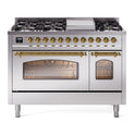 ILVE UP48FNMPSSG Nostalgie II 48 inch Dual Fuel Range with 5.02 cu. ft. Total Double Oven Capacity (8 Sealed Burners + Griddle, Natural Gas, Triple Glass Door, Stainless Steel, Brass)
