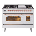 ILVE UP48FNMPWHP Nostalgie II 48 inch Dual Fuel Range with 5.02 cu. ft. Total Double Oven Capacity (8 Sealed Burners + Griddle, Natural Gas, Triple Glass Door, White, Copper)