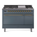 ILVE UP48FQNMPBGGLP Nostalgie II 48 inch Dual Fuel Range with 5.02 cu. ft. Total Double Oven Capacity (8 Sealed Burners + Griddle, Liquid Propane, Solid Door, Blue Grey, Brass)