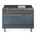 ILVE UP48FQNMPBGP Nostalgie II 48 inch Dual Fuel Range with 5.02 cu. ft. Total Double Oven Capacity (8 Sealed Burners + Griddle, Natural Gas, Solid Door, Blue Grey, Copper)