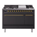 ILVE UP48FQNMPMGG Nostalgie II 48 inch Dual Fuel Range with 5.02 cu. ft. Total Double Oven Capacity (8 Sealed Burners + Griddle, Natural Gas, Solid Door, Graphite Matte, Brass)