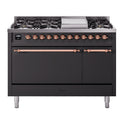 ILVE UP48FQNMPMGP Nostalgie II 48 inch Dual Fuel Range with 5.02 cu. ft. Total Double Oven Capacity (8 Sealed Burners + Griddle, Natural Gas, Solid Door, Graphite Matte, Copper)