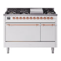 ILVE UP48FQNMPWHP Nostalgie II 48 inch Dual Fuel Range with 5.02 cu. ft. Total Double Oven Capacity (8 Sealed Burners + Griddle, Natural Gas, Solid Door, White, Copper)
