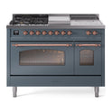 ILVE UP48FSNMPBGP Nostalgie II 48 inch Dual Fuel Range with 5.02 cu. ft. Total Double Oven Capacity (5 Sealed Burners + Griddle + French Top, Natural Gas, Triple Glass Door, Blue Grey, Copper)