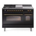 ILVE UP48FSNMPBKG Nostalgie II 48 inch Dual Fuel Range with 5.02 cu. ft. Total Double Oven Capacity (5 Sealed Burners + Griddle + French Top, Natural Gas, Triple Glass Door, Glossy Black, Brass)