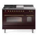 ILVE UP48FSNMPBUG Nostalgie II 48 inch Dual Fuel Range with 5.02 cu. ft. Total Double Oven Capacity (5 Sealed Burners + Griddle + French Top, Natural Gas, Triple Glass Door, Burgundy, Brass)