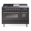 ILVE UP48FSNMPMGC Nostalgie II 48 inch Dual Fuel Range with 5.02 cu. ft. Total Double Oven Capacity (5 Sealed Burners + Griddle + French Top, Natural Gas, Triple Glass Door, Graphite Matte, Chrome)