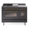 ILVE UP48FSNMPMGG Nostalgie II 48 inch Dual Fuel Range with 5.02 cu. ft. Total Double Oven Capacity (5 Sealed Burners + Griddle + French Top, Natural Gas, Triple Glass Door, Graphite Matte, Brass)