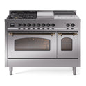 ILVE UP48FSNMPSSB Nostalgie II 48 inch Dual Fuel Range with 5.02 cu. ft. Total Double Oven Capacity (5 Sealed Burners + Griddle + French Top, Natural Gas, Triple Glass Door, Stainless Steel, Burnished)