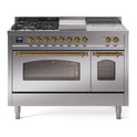 ILVE UP48FSNMPSSG Nostalgie II 48 inch Dual Fuel Range with 5.02 cu. ft. Total Double Oven Capacity (5 Sealed Burners + Griddle + French Top, Natural Gas, Triple Glass Door, Stainless Steel, Brass)