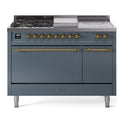ILVE UP48FSQNMPBGG Nostalgie II 48 inch Dual Fuel Range with 5.02 cu. ft. Total Double Oven Capacity (5 Sealed Burners + Griddle + French Top, Natural Gas, Solid Door, Blue Grey, Brass)