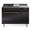ILVE UP48FSQNMPBKG Nostalgie II 48 inch Dual Fuel Range with 5.02 cu. ft. Total Double Oven Capacity (5 Sealed Burners + Griddle + French Top, Natural Gas, Solid Door, Glossy Black, Brass)