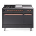 ILVE UP48FSQNMPMGP Nostalgie II 48 inch Dual Fuel Range with 5.02 cu. ft. Total Double Oven Capacity (5 Sealed Burners + Griddle + French Top, Natural Gas, Solid Door, Graphite Matte, Copper)