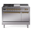 ILVE UP48FSQNMPSSG Nostalgie II 48 inch Dual Fuel Range with 5.02 cu. ft. Total Double Oven Capacity (5 Sealed Burners + Griddle + French Top, Natural Gas, Solid Door, Stainless Steel, Brass)