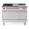 ILVE UP48FSQNMPWHP Nostalgie II 48 inch Dual Fuel Range with 5.02 cu. ft. Total Double Oven Capacity (5 Sealed Burners + Griddle + French Top, Natural Gas, Solid Door, White, Copper)