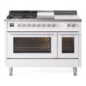 ILVE UP48FSWMPWH Professional Plus II 48 inch Dual Fuel Range  (5 Sealed Burners + Griddle + French Top, Natural Gas, Triple Glass Door, White)