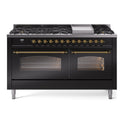 ILVE UP60FNMPBKG Nostalgie II 60 inch Dual Fuel Range with 5.8 cu. ft. Total Double Oven Capacity (9 Sealed Burners + Griddle, Natural Gas, Triple Glass Door, Glossy Black, Brass)