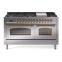 ILVE UP60FNMPSSGLP Nostalgie II 60 inch Dual Fuel Range with 5.8 cu. ft. Total Double Oven Capacity (9 Sealed Burners + Griddle, Liquid Propane, Triple Glass Door, Stainless Steel, Brass)