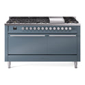 ILVE UP60FQMPBG Professional Plus II 60 inch Dual Fuel Range  (9 Sealed Burners + Griddle, Natural Gas, Solid Door, Blue Grey)