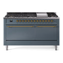 ILVE UP60FQNMPBGG Nostalgie II 60 inch Dual Fuel Range with 5.8 cu. ft. Total Double Oven Capacity (9 Sealed Burners + Griddle, Natural Gas, Solid Door, Blue Grey, Brass)